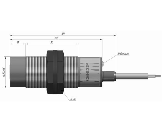 Индуктивный датчик M30×89 (Sn=15 мм), PNP "НО", 24 VDC, кабель 2 м, Монтажное исполнение: неутапливаемое, Функция выхода: НО, Электрическое исполнение: PNP, Модификация: стандарт, Электрическое подключение: кабель, Длина кабеля: 2 м, фото 4  – ТА