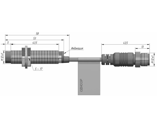Индуктивный датчик M12×53 (Sn=4 мм), PNP "НО", 24 VDC, выносной разъем M12, Монтажное исполнение: неутапливаемое, Функция выхода: НО, Электрическое исполнение: PNP, Модификация: стандарт, Электрическое подключение: разъем M12 на кабеле, фото 4  – ТА