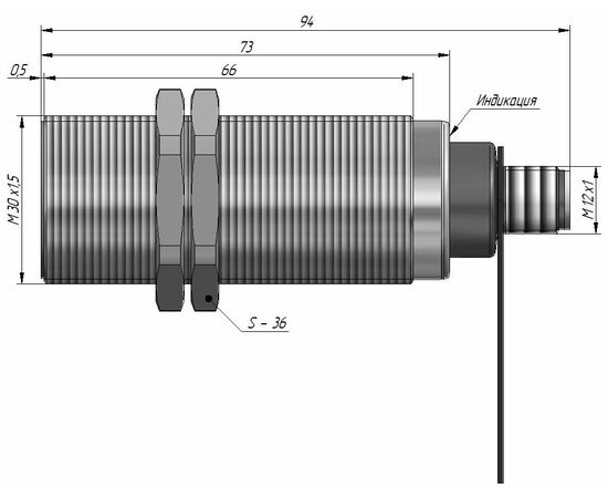 Индуктивный датчик M30×94 (Sn=10 мм), NPN "НЗ", 24 VDC, разъем M12, −25…+100°C, Тип напряжения: DC, Монтажное исполнение: утапливаемое, Функция выхода: НЗ, Электрическое исполнение: NPN, Защита выхода: тактовая, Модификация: до +100°C, Электрическое подключение: разъем M12, фото 4  – ТА