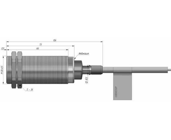 Индуктивный датчик M30×75 (Sn=10 мм), NPN "ИЛИ", 24 VDC, кабель 2 м со штуцером, −25…+100°C, Тип напряжения: DC, Монтажное исполнение: утапливаемое, Функция выхода: НО+НЗ, Электрическое исполнение: NPN, Защита выхода: тактовая, Модификация: до +100°C, Электрическое подключение: кабель со штуцером, фото 4  – ТА
