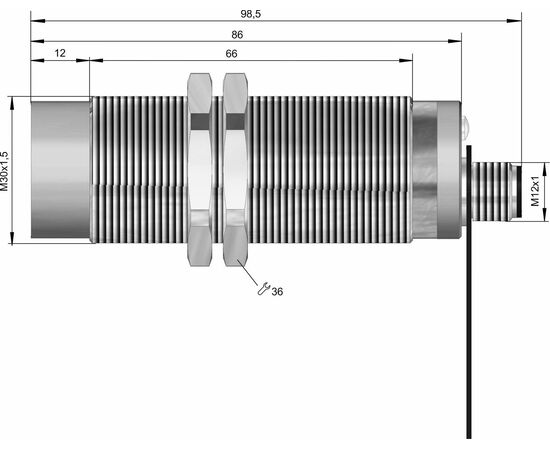 Индуктивный датчик M30×99 (Sn=25 мм с регулировкой), NPN "ИЛИ", 24 VDC, разъем M12, Тип напряжения: DC, Монтажное исполнение: неутапливаемое, Функция выхода: НО+НЗ, Электрическое исполнение: NPN, Защита выхода: тактовая, Модификация: увеличенное Sn и регулировка, Электрическое подключение: разъем M12, фото 4  – ТА