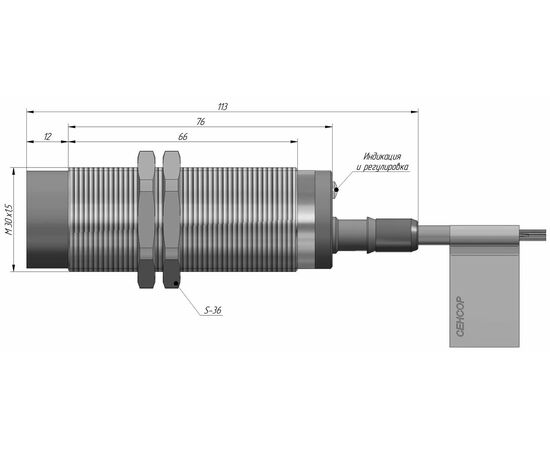 Индуктивный датчик M30×88 (Sn=25 мм с регулировкой), PNP "ИЛИ", 24 VDC, кабель 2 м со штуцером, Тип напряжения: DC, Монтажное исполнение: неутапливаемое, Функция выхода: НО+НЗ, Электрическое исполнение: PNP, Защита выхода: тактовая, Модификация: увеличенное Sn и регулировка, Электрическое подключение: кабель со штуцером, фото 4  – ТА