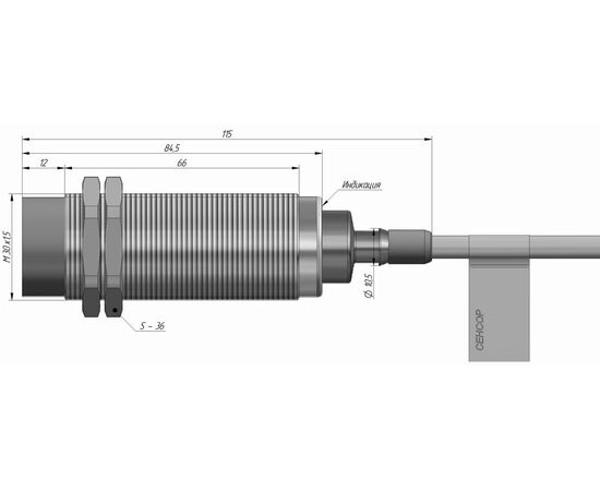 Индуктивный датчик M30×85 (Sn=15 мм), NPN "ИЛИ", 24 VDC, взрывозащита Ex mb IIC/IIIC, кабель 2 м со штуцером, −55…+60°C, Тип напряжения: DC, Монтажное исполнение: неутапливаемое, Функция выхода: НО+НЗ, Электрическое исполнение: NPN, Защита выхода: тактовая, Модификация: Ex, от −55°C, Электрическое подключение: кабель со штуцером, фото 4  – ТА