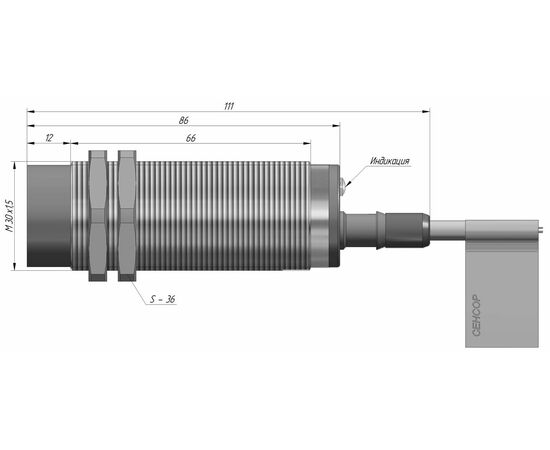 Индуктивный датчик M30×86 (Sn=15 мм), 2-пров. AC "НЗ", 20…250 VAC, кабель 2 м со штуцером, Тип напряжения: AC, Монтажное исполнение: неутапливаемое, Функция выхода: НЗ, Электрическое исполнение: 2 wire, Защита выхода: отсутствует, Модификация: стандарт, Электрическое подключение: кабель со штуцером, фото 4  – ТА