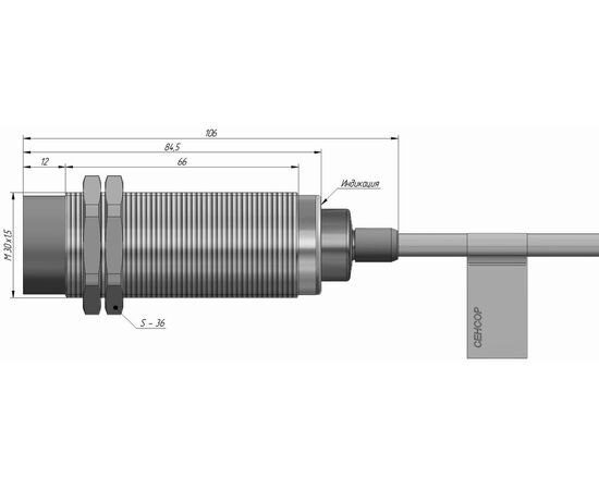 Индуктивный датчик M30×85 (Sn=15 мм), NPN "ИЛИ", 24 VDC, кабель 2 м, −25…+100°C, Тип напряжения: DC, Монтажное исполнение: неутапливаемое, Функция выхода: НО+НЗ, Электрическое исполнение: NPN, Защита выхода: тактовая, Модификация: до +100°C, Электрическое подключение: кабель, фото 4  – ТА