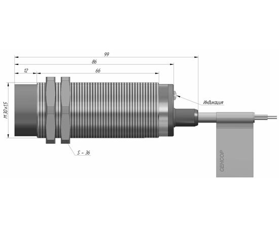 Индуктивный датчик M30×86 (Sn=15 мм), 2-пров. AC "НО", 20…250 VAC, кабель 2 м, Тип напряжения: AC, Монтажное исполнение: неутапливаемое, Функция выхода: НО, Электрическое исполнение: 2 wire, Защита выхода: отсутствует, Модификация: стандарт, Электрическое подключение: кабель, фото 4  – ТА