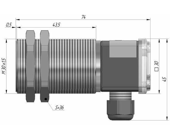 Индуктивный датчик M30×74 (Sn=10 мм), NPN "ИЛИ", 24 VDC, клеммник, Монтажное исполнение: утапливаемое, Функция выхода: НО+НЗ, Электрическое исполнение: NPN, Модификация: стандарт, Электрическое подключение: клеммник, фото 4  – ТА