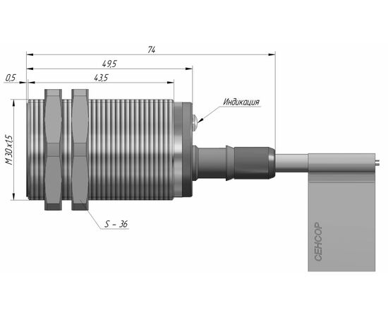 Индуктивный датчик M30×50 (Sn=10 мм), PNP "НО", 24 VDC, кабель 2 м со штуцером, Монтажное исполнение: утапливаемое, Функция выхода: НО, Электрическое исполнение: PNP, Модификация: стандарт, Электрическое подключение: кабель со штуцером, фото 4  – ТА