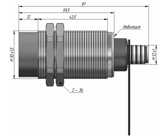 Индуктивный датчик M30×81 (Sn=15 мм), NPN "НО", 24 VDC, разъем M12, −25…+100°C, Монтажное исполнение: неутапливаемое, Функция выхода: НО, Электрическое исполнение: NPN, Модификация: до +100°C, Электрическое подключение: разъем M12, фото 4  – ТА