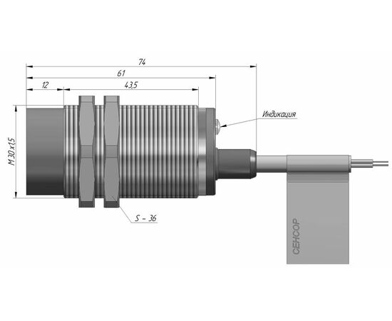 Индуктивный датчик M30×61 (Sn=15 мм), NPN "ИЛИ", 24 VDC, кабель 2 м, Монтажное исполнение: неутапливаемое, Функция выхода: НО+НЗ, Электрическое исполнение: NPN, Модификация: стандарт, Электрическое подключение: кабель, фото 4  – ТА