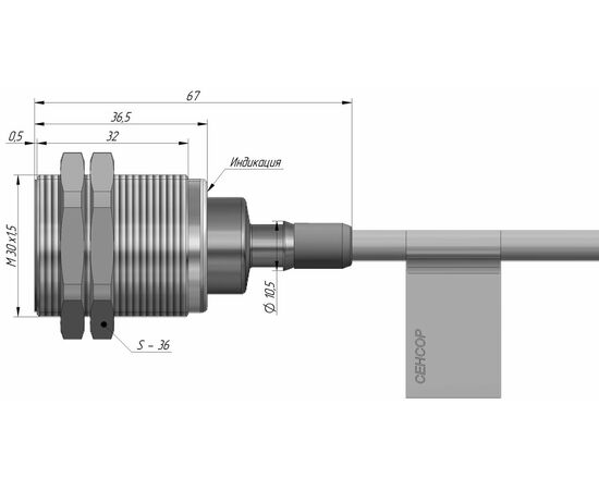 Индуктивный датчик M30×37 (Sn=10 мм), NPN "НО", 24 VDC, кабель 2 м со штуцером, −25…+100°C, Монтажное исполнение: утапливаемое, Функция выхода: НО, Электрическое исполнение: NPN, Модификация: до +100°C, Электрическое подключение: кабель со штуцером, фото 4  – ТА