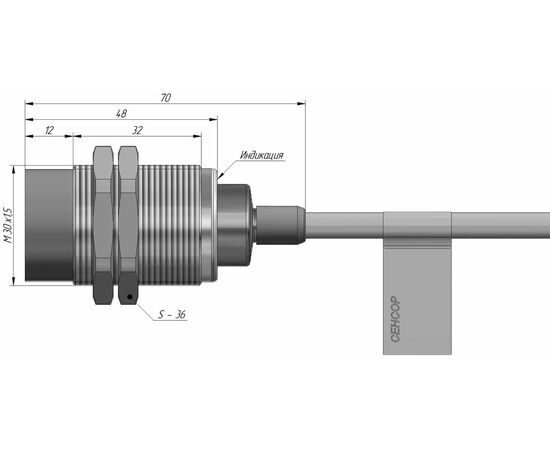 Индуктивный датчик M30×48 (Sn=15 мм), PNP "НО", 24 VDC, кабель 2 м, −60…+60°C, Монтажное исполнение: неутапливаемое, Функция выхода: НО, Электрическое исполнение: PNP, Модификация: от −60°C, Электрическое подключение: кабель, фото 4  – ТА