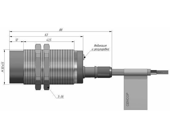 Индуктивный датчик M30×63 (Sn=25 мм с регулировкой), NPN "ИЛИ", 24 VDC, взрывозащита Ex mb IIC/IIIC, кабель 2 м со штуцером, Монтажное исполнение: неутапливаемое, Функция выхода: НО+НЗ, Электрическое исполнение: NPN, Модификация: Ex, увеличенное Sn и регулировка, Электрическое подключение: кабель со штуцером, фото 4  – ТА