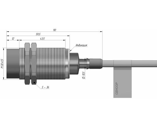 Индуктивный датчик M30×60 (Sn=15 мм), NPN "НО", 24 VDC, кабель 2 м со штуцером, −25…+100°C, Монтажное исполнение: неутапливаемое, Функция выхода: НО, Электрическое исполнение: NPN, Модификация: до +100°C, Электрическое подключение: кабель со штуцером, фото 4  – ТА