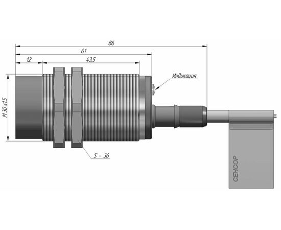Индуктивный датчик M30×61 (Sn=15 мм), NPN "ИЛИ", 24 VDC, взрывозащита Ex mb IIC/IIIC, кабель 2 м со штуцером, Монтажное исполнение: неутапливаемое, Функция выхода: НО+НЗ, Электрическое исполнение: NPN, Модификация: Ex, Электрическое подключение: кабель со штуцером, фото 4  – ТА