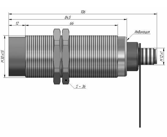 Индуктивный датчик M30×106 (Sn=15 мм), NPN "ИЛИ", 24 VDC, разъем M12, −25…+100°C, Тип напряжения: DC, Монтажное исполнение: неутапливаемое, Функция выхода: НО+НЗ, Электрическое исполнение: NPN, Защита выхода: тактовая, Модификация: до +100°C, Электрическое подключение: разъем M12, фото 4  – ТА