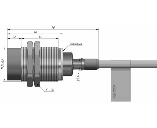 Индуктивный датчик M30×48 (Sn=15 мм), NPN "ИЛИ", 24 VDC, взрывозащита Ex mb IIC/IIIC, кабель 2 м со штуцером, −55…+60°C, Монтажное исполнение: неутапливаемое, Функция выхода: НО+НЗ, Электрическое исполнение: NPN, Модификация: Ex, от −55°C, Электрическое подключение: кабель со штуцером, фото 4  – ТА
