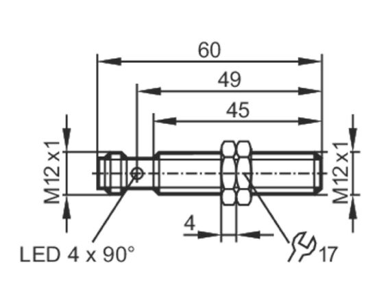 Индуктивный датчик M12×60 (Sn=4 мм), NPN "НЗ", 24 VDC, разъем M12, Монтажное исполнение: утапливаемое, Функция выхода: НЗ, Электрическое исполнение: NPN, Электрическое подключение: разъем M12, Длина кабеля: −, фото 4  – ТА