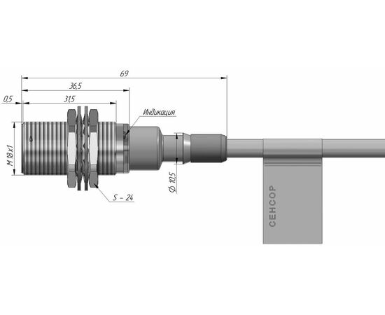 Индуктивный датчик M18×37 (Sn=5 мм), NPN "НО", 24 VDC, кабель 2 м со штуцером, −25…+100°C, Монтажное исполнение: утапливаемое, Функция выхода: НО, Электрическое исполнение: NPN, Модификация: до +100°C, Электрическое подключение: кабель со штуцером, фото 4  – ТА