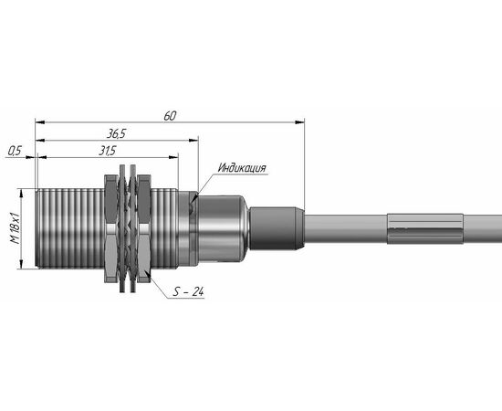 Индуктивный датчик M18×37 (Sn=5 мм), NPN "НО", 24 VDC, кабель 2 м, −25…+100°C, Монтажное исполнение: утапливаемое, Функция выхода: НО, Электрическое исполнение: NPN, Модификация: до +100°C, Электрическое подключение: кабель, фото 4  – ТА