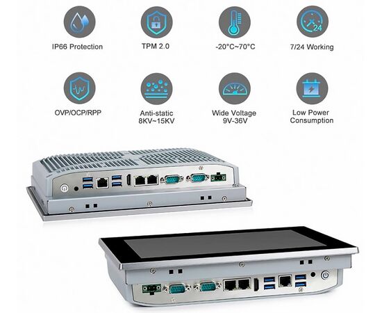 Промышленный панельный компьютер 10.1" с Celeron J6412, 4×USB, 2×RS-232/422/485, 3×2.5GbE LAN и мультисенсорным экраном, Диагональ экрана: 10.1", Соотношение сторон: 16:10, Сенсорный экран: ёмкостный мультисенсорный, Установленный CPU: Celeron J6412, Материал передней рамки: алюминий анодир., фото 3  – ТА