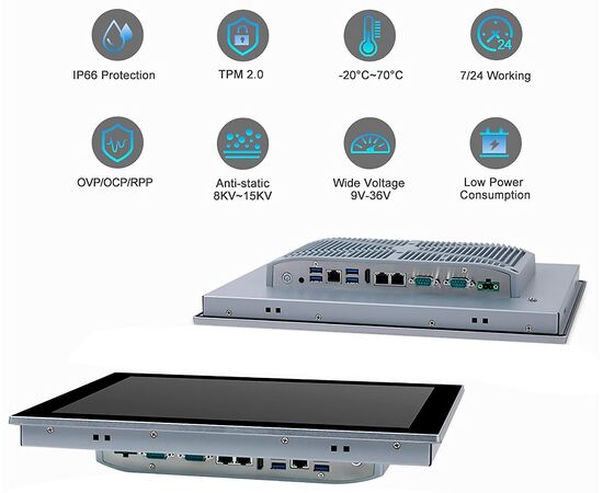 Промышленный панельный компьютер 15" с Celeron J6412, 4×USB, 2×RS-232/422/485, 3×2.5GbE LAN и мультисенсорным экраном, Диагональ экрана: 15", Соотношение сторон: 4:3, Сенсорный экран: ёмкостный мультисенсорный, Установленный CPU: Celeron J6412, Материал передней рамки: алюминий анодир., фото 6  – ТА