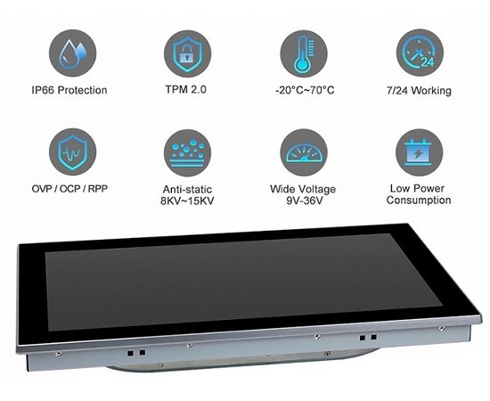 Промышленный панельный компьютер 15.6" с Celeron J6412, 4×USB, 2×RS-232/422/485, 3×2.5GbE LAN и мультисенсорным экраном, Диагональ экрана: 15.6", Соотношение сторон: 16:9, Сенсорный экран: ёмкостный мультисенсорный, Установленный CPU: Celeron J6412, Материал передней рамки: алюминий анодир., фото 6  – ТА