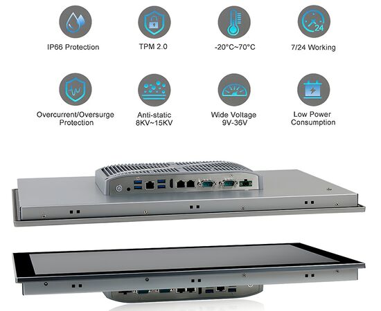 Промышленный панельный компьютер 21.5" с Celeron J6412, 4×USB, 2×RS-232/422/485, 3×2.5GbE LAN и мультисенсорным экраном, Диагональ экрана: 21.5", Соотношение сторон: 16:9, Сенсорный экран: ёмкостный, Установленный CPU: Celeron J6412, Материал передней рамки: алюминий анодир., фото 6  – ТА