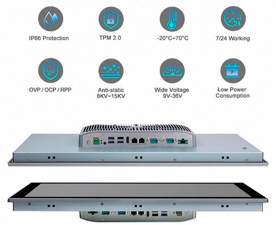 Промышленный панельный компьютер 23.8" с Core i3-8145U, 4×USB, 2×RS-232/422/485, 2×GbE LAN и мультисенсорным экраном, Диагональ экрана: 23.8", Соотношение сторон: 16:9, Сенсорный экран: ёмкостный мультисенсорный, Установленный CPU: i3-8145U, Материал передней рамки: алюминий анодир., фото 5  – ТА
