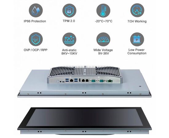 Промышленный панельный компьютер 21.5" с Core i7-1255U, 5×USB, 2×RS-232/422/485, 3×LAN и мультисенсорным экраном, Диагональ экрана: 21.5", Соотношение сторон: 16:9, Сенсорный экран: ёмкостный мультисенсорный, Установленный CPU: i7-1255U, Материал передней рамки: алюминий анодир., фото 3  – ТА