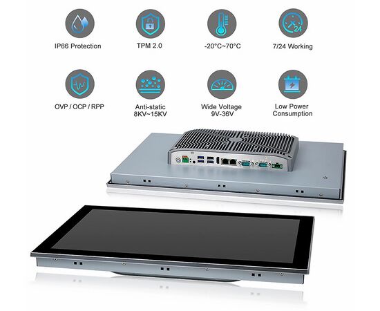 Промышленный панельный компьютер 18.5" с Core i3-8145U, 4×USB, 2×RS-232/422/485, 2×GbE LAN и мультисенсорным экраном, Диагональ экрана: 18.5", Соотношение сторон: 16:9, Сенсорный экран: ёмкостный мультисенсорный, Установленный CPU: i3-8145U, Материал передней рамки: алюминий анодир., фото 8  – ТА