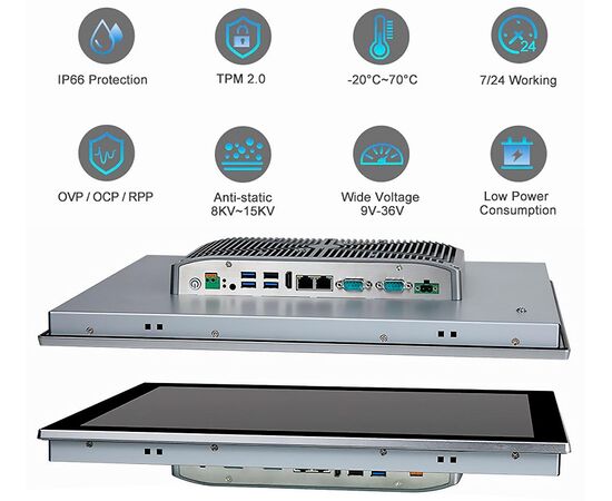 Промышленный панельный компьютер 19" с Core i3-8145U, 4×USB, 2×RS-232/422/485, 2×GbE LAN и мультисенсорным экраном, Диагональ экрана: 19", Соотношение сторон: 5:4, Сенсорный экран: ёмкостный мультисенсорный, Установленный CPU: i3-8145U, Материал передней рамки: алюминий анодир., фото 4  – ТА