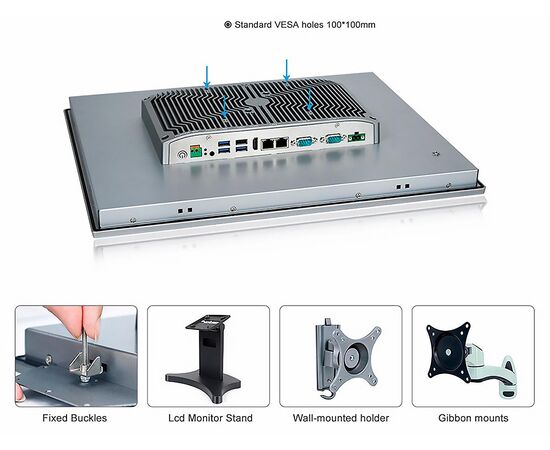 Промышленный панельный компьютер 19" с Core i3-8145U, 4×USB, 2×RS-232/422/485, 2×GbE LAN и мультисенсорным экраном, Диагональ экрана: 19", Соотношение сторон: 5:4, Сенсорный экран: ёмкостный мультисенсорный, Установленный CPU: i3-8145U, Материал передней рамки: алюминий анодир., фото 7  – ТА