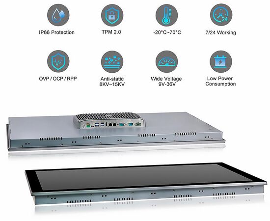 Промышленный панельный компьютер 31.5" с Core i3-8145U, 4×USB, 2×RS-232/422/485, 2×GbE LAN и мультисенсорным экраном, Диагональ экрана: 31.5", Соотношение сторон: 16:9, Сенсорный экран: ёмкостный мультисенсорный, Установленный CPU: i3-8145U, Материал передней рамки: алюминий анодир., фото 4  – ТА