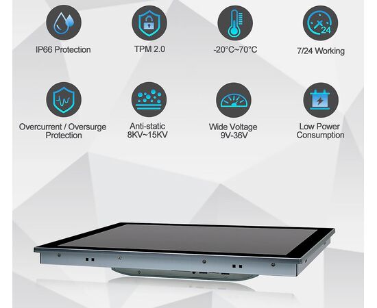 Промышленный панельный компьютер 19" с Celeron J6412, 4×USB, 2×RS-232/422/485, 3×2.5GbE LAN и мультисенсорным экраном, Диагональ экрана: 19", Соотношение сторон: 5:4, Сенсорный экран: ёмкостный мультисенсорный, Установленный CPU: Celeron J6412, Материал передней рамки: алюминий анодир., фото 8  – ТА