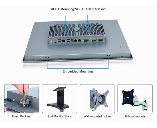 Промышленный панельный компьютер 19" с Celeron J6412, 4×USB, 2×RS-232/422/485, 3×2.5GbE LAN и мультисенсорным экраном, Диагональ экрана: 19", Соотношение сторон: 5:4, Сенсорный экран: ёмкостный мультисенсорный, Установленный CPU: Celeron J6412, Материал передней рамки: алюминий анодир., фото 9  – ТА