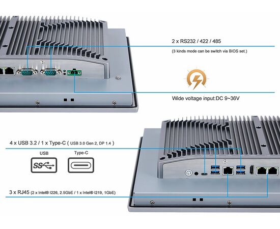 Промышленный панельный компьютер 15.6" с Core i5-1235U, 5×USB, 2×RS-232/422/485, 3×LAN и мультисенсорным экраном, Диагональ экрана: 15.6", Соотношение сторон: 16:9, Сенсорный экран: ёмкостный мультисенсорный, Установленный CPU: i5-1235U, Материал передней рамки: алюминий анодир., фото 4  – ТА