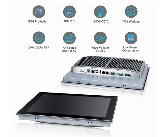 Промышленный панельный компьютер 15" с Core i7-1255U, 5×USB, 2×RS-232/422/485, 3×LAN и мультисенсорным экраном, Диагональ экрана: 15", Соотношение сторон: 4:3, Сенсорный экран: ёмкостный мультисенсорный, Установленный CPU: i7-1255U, Материал передней рамки: алюминий анодир., фото 6  – ТА