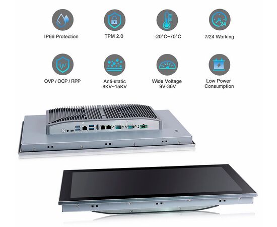 Промышленный панельный компьютер 18.5" с Core i3-1215U, 5×USB, 2×RS-232/422/485, 3×LAN и мультисенсорным экраном, Диагональ экрана: 18.5", Соотношение сторон: 16:9, Сенсорный экран: ёмкостный мультисенсорный, Установленный CPU: i3-1215U, Материал передней рамки: алюминий анодир., фото 7  – ТА