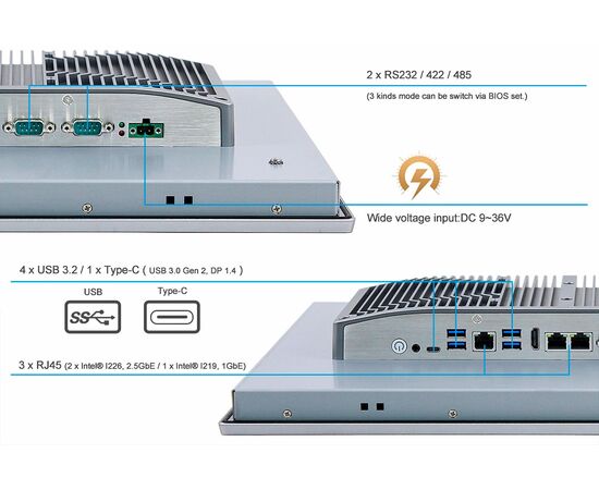 Промышленный панельный компьютер 19" с Core i5-1235U, 5×USB, 2×RS-232/422/485, 3×LAN и мультисенсорным экраном, Диагональ экрана: 19", Соотношение сторон: 5:4, Сенсорный экран: ёмкостный мультисенсорный, Установленный CPU: i5-1235U, Материал передней рамки: алюминий анодир., фото 5  – ТА