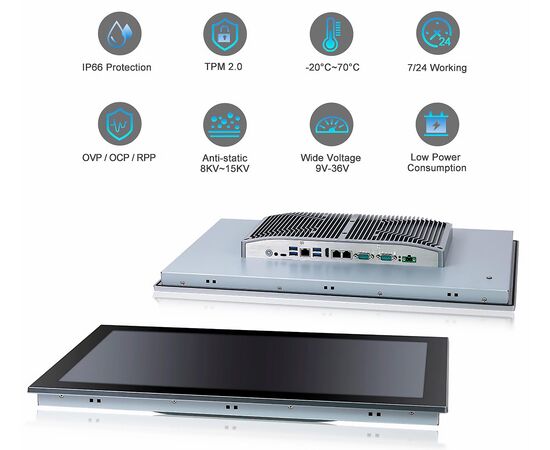 Промышленный панельный компьютер 24" с Core i5-1235U, 5×USB, 2×RS-232/422/485, 3×LAN и мультисенсорным экраном, Диагональ экрана: 23.8", Соотношение сторон: 16:9, Сенсорный экран: ёмкостный мультисенсорный, Установленный CPU: i5-1235U, Материал передней рамки: алюминий анодир., фото 8  – ТА