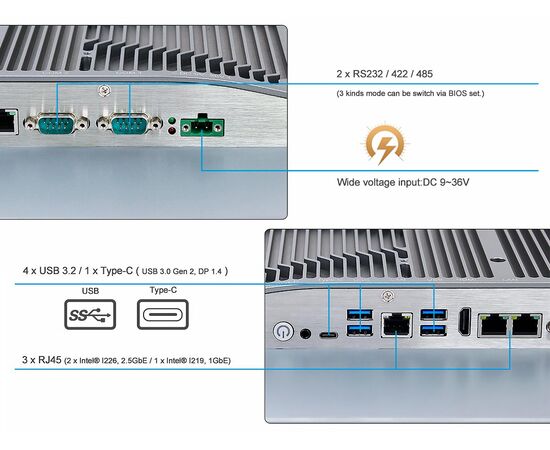 Промышленный панельный компьютер 24" с Core i5-1235U, 5×USB, 2×RS-232/422/485, 3×LAN и мультисенсорным экраном, Диагональ экрана: 23.8", Соотношение сторон: 16:9, Сенсорный экран: ёмкостный мультисенсорный, Установленный CPU: i5-1235U, Материал передней рамки: алюминий анодир., фото 6  – ТА