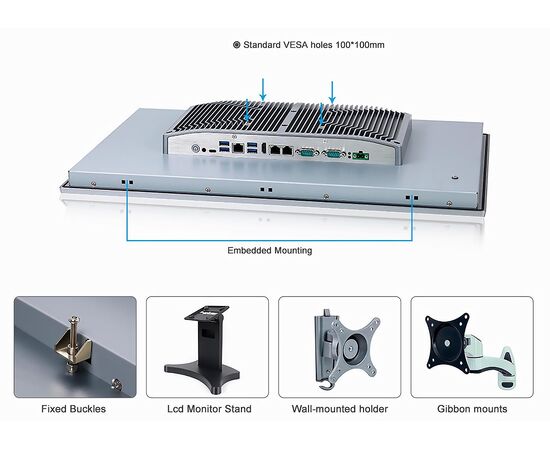 Промышленный панельный компьютер 24" с Core i3-1215U, 5×USB, 2×RS-232/422/485, 3×LAN и мультисенсорным экраном, Диагональ экрана: 23.8", Соотношение сторон: 16:9, Сенсорный экран: ёмкостный мультисенсорный, Установленный CPU: i3-1215U, Материал передней рамки: алюминий анодир., фото 9  – ТА