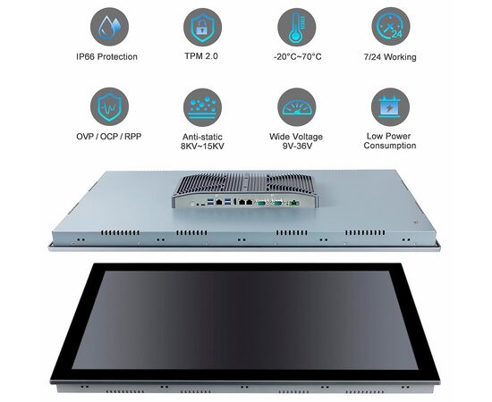 Промышленный панельный компьютер 32" с Core i3-1215U, 5×USB, 2×RS-232/422/485, 3×LAN и мультисенсорным экраном, Диагональ экрана: 31.5", Соотношение сторон: 16:9, Сенсорный экран: ёмкостный мультисенсорный, Установленный CPU: i3-1215U, Материал передней рамки: алюминий анодир., фото 9  – ТА