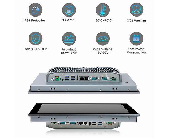 Промышленный панельный компьютер 15" с Core i3-8145U, 4×USB, 2×RS-232/422/485, 2×GbE LAN и мультисенсорным экраном, Диагональ экрана: 15", Соотношение сторон: 4:3, Сенсорный экран: ёмкостный мультисенсорный, Установленный CPU: i3-8145U, Материал передней рамки: алюминий анодир., фото 7  – ТА