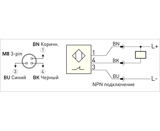 Индуктивный датчик M8×60 (Sn=6 мм), NPN "НЗ", 24 ВDC, разъем M8, Типоразмер корпуса: M8, Монтажное исполнение: неутапливаемое, Функция выхода: НЗ, Электрическое исполнение: NPN, Модификация: большое Sn, Электрическое подключение: разъем M8, фото 3  – ТА