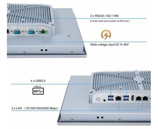 Промышленный панельный компьютер 15.6" с Processor N97, 4×USB, 2×RS-232/422/485, 3×2.5GbE LAN и мультисенсорным экраном, Диагональ экрана: 15.6", Соотношение сторон: 16:9, Сенсорный экран: ёмкостный мультисенсорный, Установленный CPU: Processor N97, Материал передней рамки: алюминий анодир., фото 4  – ТА