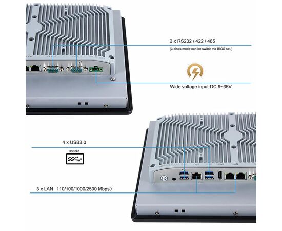 Промышленный панельный компьютер 12.1" с Celeron J6412, 4×USB, 2×RS-232/422/485, 3×2.5GbE LAN, резистивный сенсор, Диагональ экрана: 12.1", Соотношение сторон: 4:3, Сенсорный экран: резистивный, Установленный CPU: Celeron J6412, Материал передней рамки: алюминий анодир., фото 5  – ТА