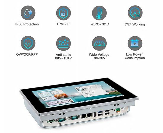 Промышленный панельный компьютер 10.1" с Celeron J1900, 4×USB, 2×RS-232/422/485, 2×GbE LAN и мультисенсорным экраном, Диагональ экрана: 10.1", Соотношение сторон: 16:10, Сенсорный экран: ёмкостный, Установленный CPU: Celeron J1900, Материал передней рамки: алюминий анодир., фото 7  – ТА