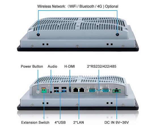 Промышленный панельный компьютер 12.1" с Celeron J1900, 4×USB, 2×RS-232/422/485, 2×GbE LAN и сенсорным экраном, Диагональ экрана: 12.1", Соотношение сторон: 4:3, Сенсорный экран: резистивный, Установленный CPU: Celeron J1900, Материал передней рамки: алюминий анодир., фото 4  – ТА